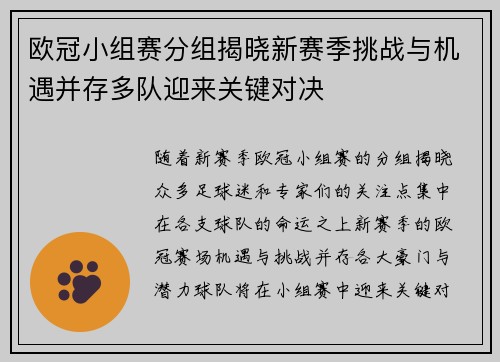 欧冠小组赛分组揭晓新赛季挑战与机遇并存多队迎来关键对决